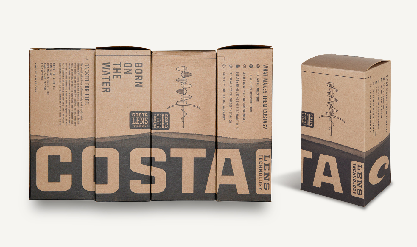 Costa sunglasses packaging design that reads "Born on the water"