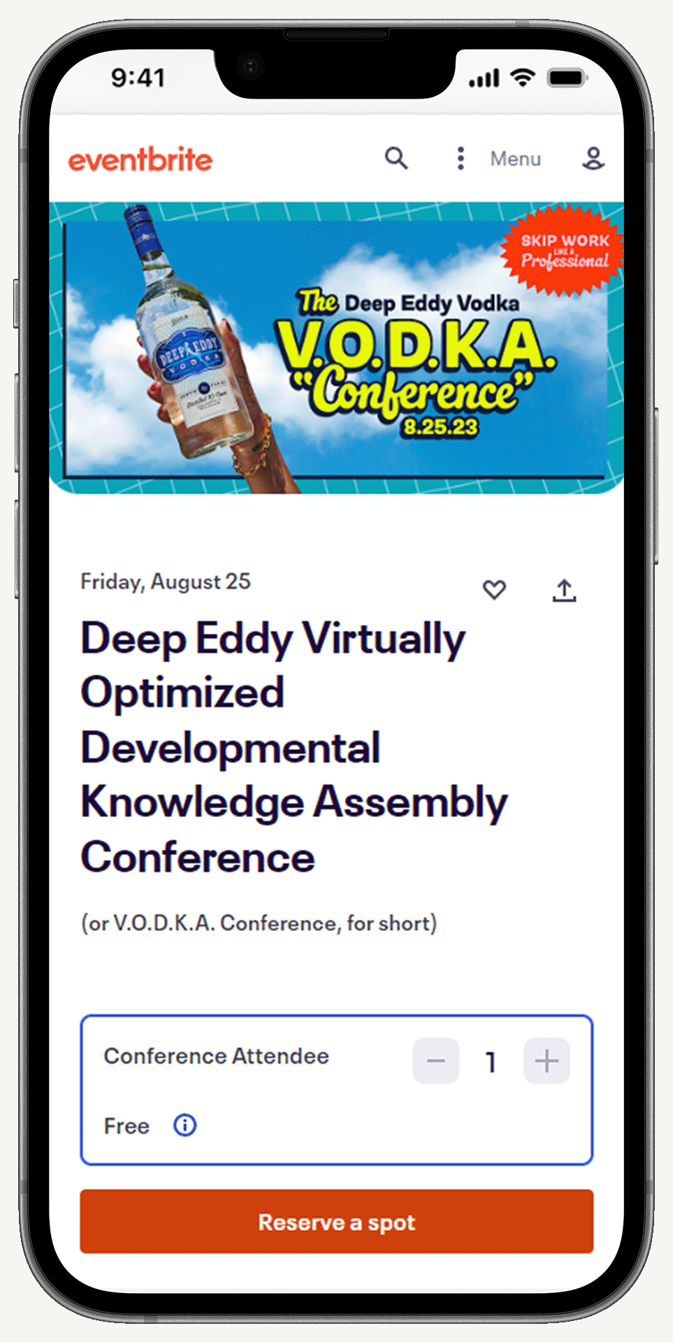 A screenshot of the eventbrite invite for the Deep Eddy Vodka Conference digital activation