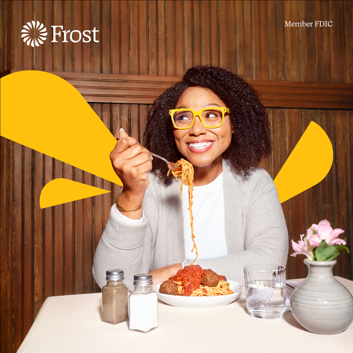 A social ad for Frost that features a woman eating spaghetti.