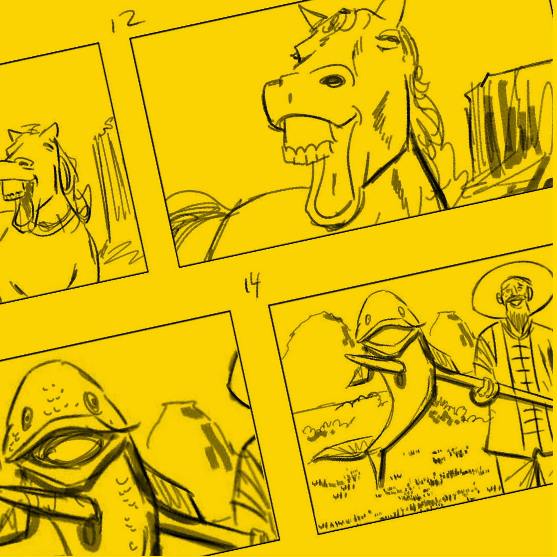 A yellow storyboard sketch of a GameStop commercial McGarrah Jessee produced featuring a laughing horse and fish.