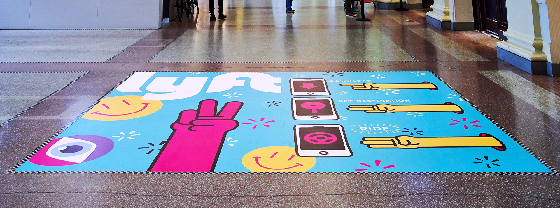 Blue floor cling in Vancouver train station