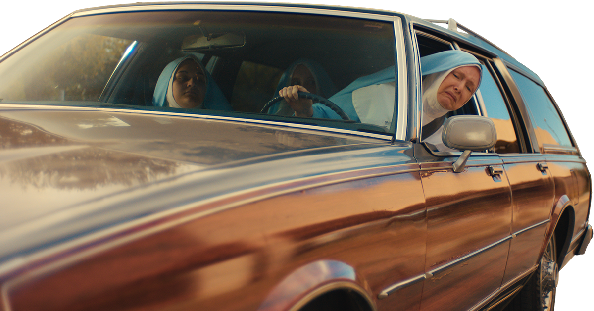 Three nuns driving in a car, part of the Exactly What You Unexpected marketing and brand campaign for Frost Bank that was created by McGarrah Jessee.