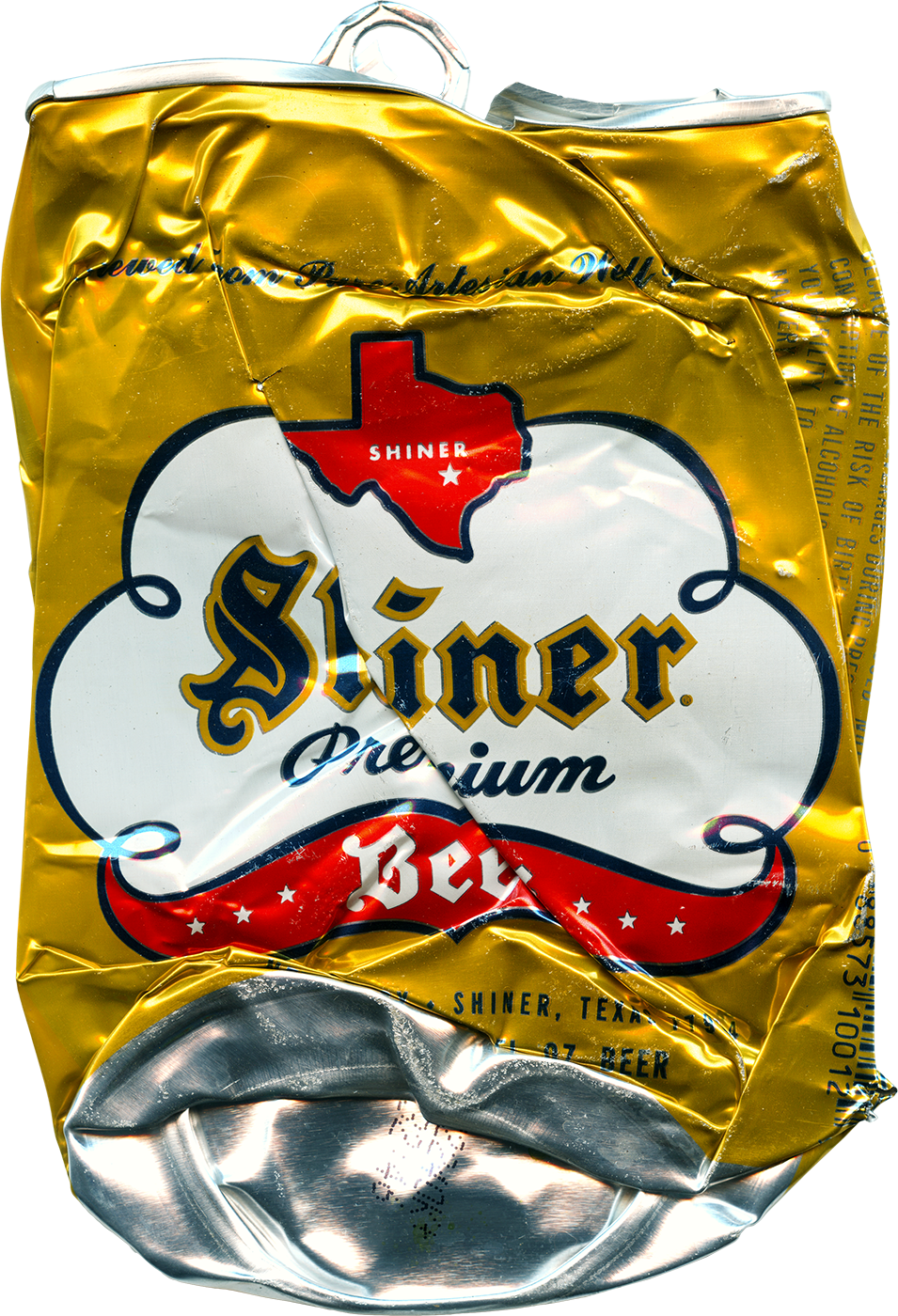 A crushed Shiner Beer can that was designed by McGarrah Jessee.