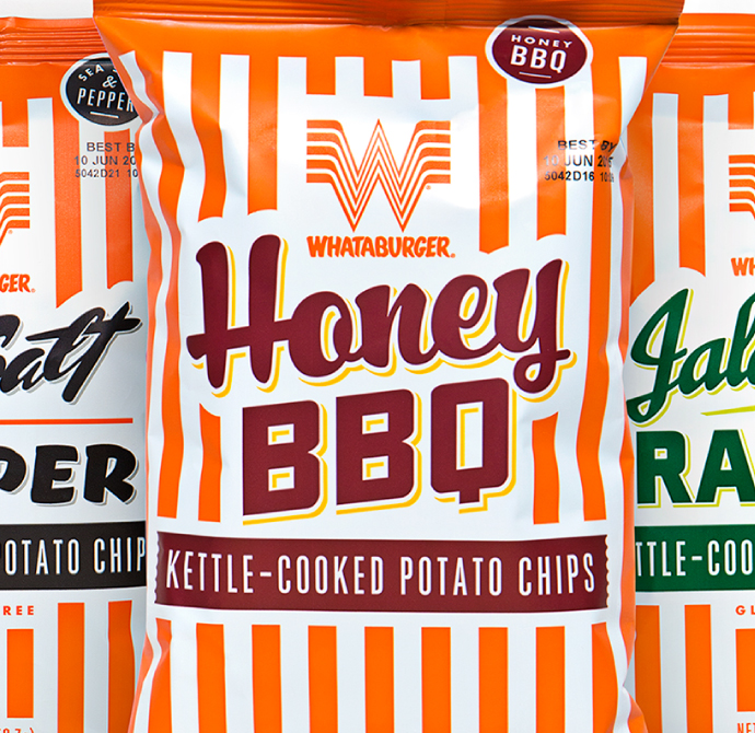 Packaging design for Whataburger Honey BBQ kettle-cooked potato ships