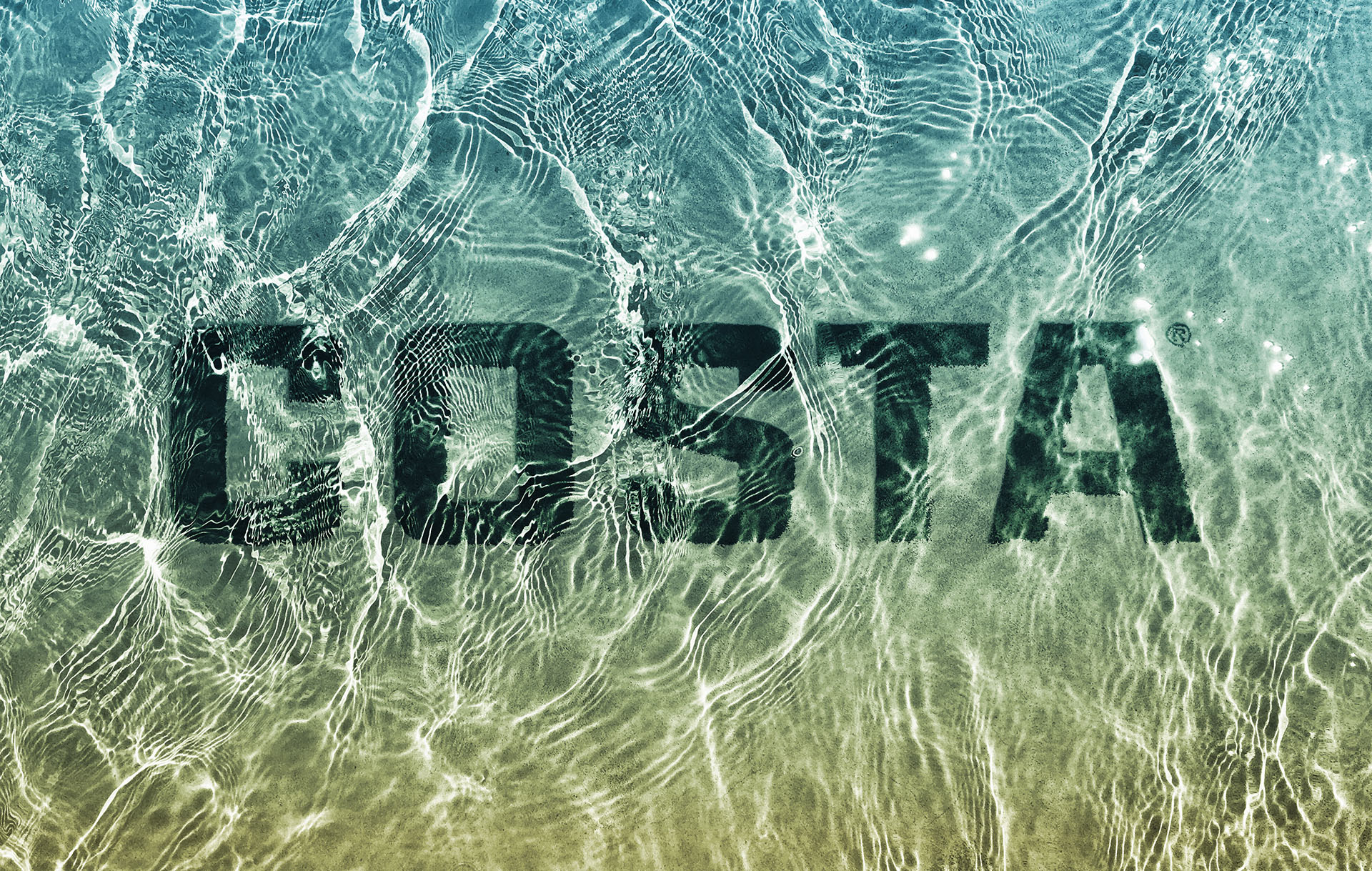 Artwork of the Costa logo as if it's submerged underwater on the ocean floor.