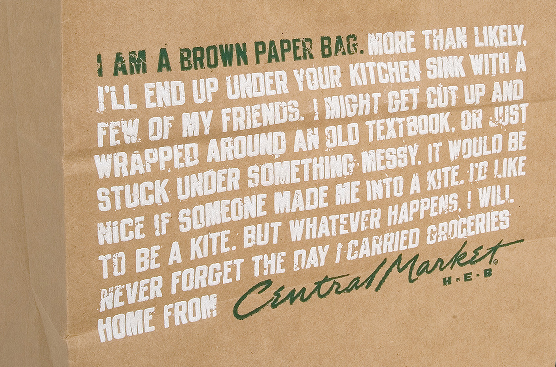 Close-up of the paper bag design for Central Market branding and packaging