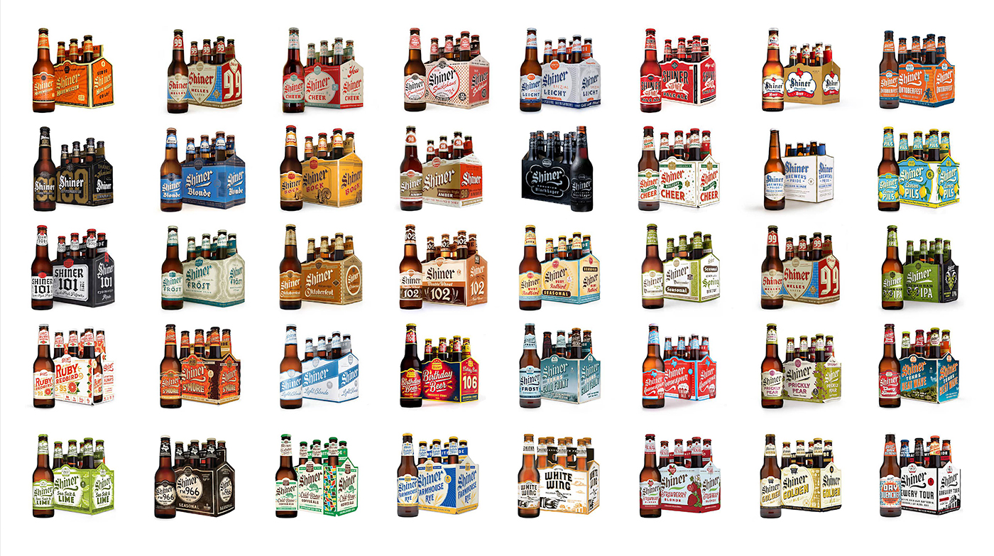 A collage of 40 Shiner beer bottle designs with packaging design