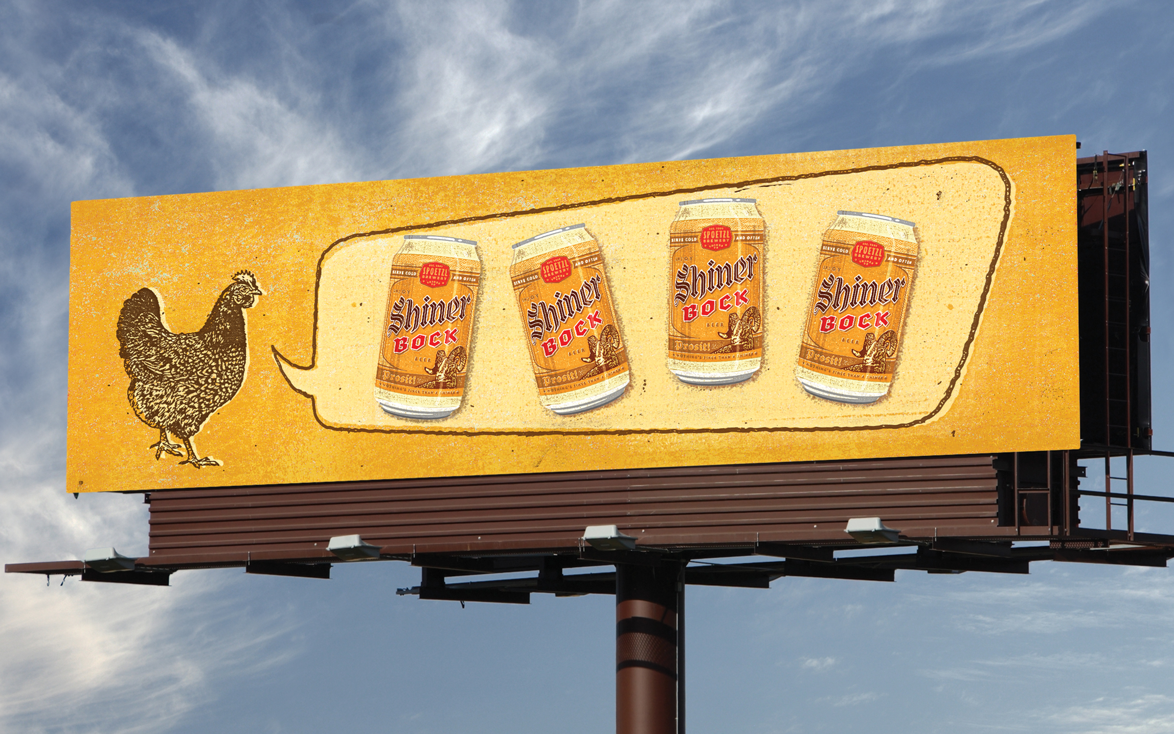 An out of home billboard design of a chicken and a speech bubble. Instead the speach bubbles are Shiner Bocks.