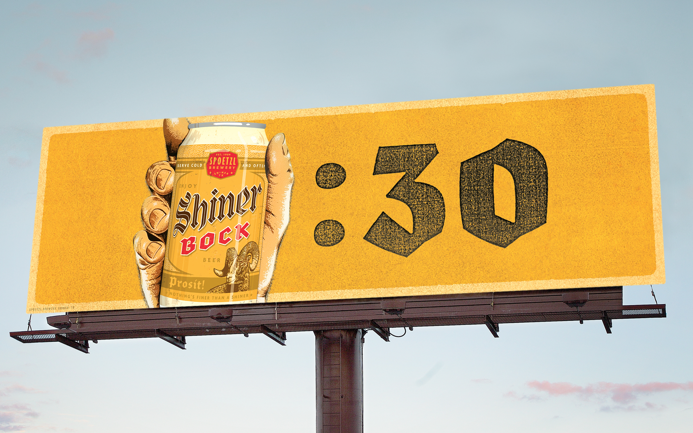 A photograph of a billboard that depicts and hand holding a shiner bock and the timestamp :30.