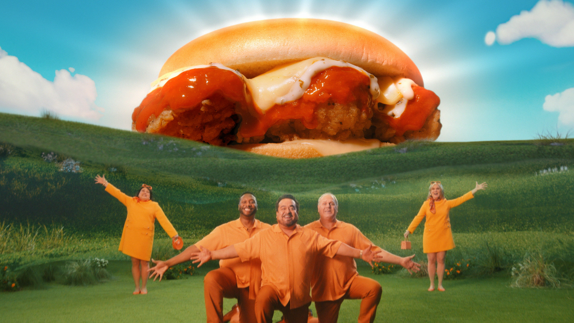 A still of the ensemble from the Whataburger Buffalo Ranch Chicken Strip Sandwich spot.