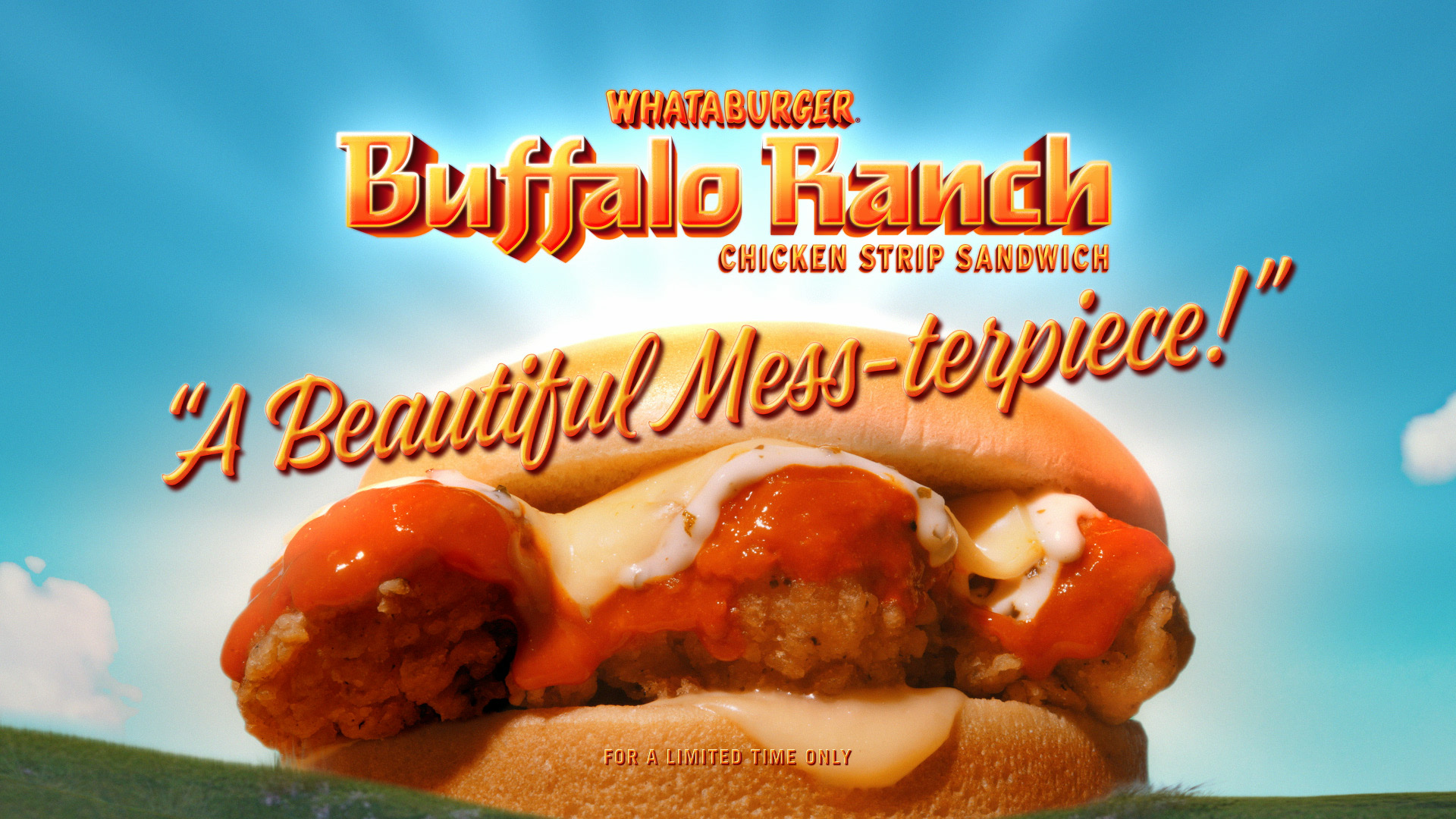 Title card design for the Whataburger Buffalo Ranch Chicken Strip Sandwich Spot, "A Beautiful Mess-terpiece!"