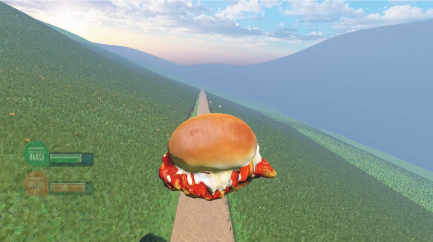 Video of open world game play featuring a character designed from the Whataburger Buffalo Ranch Chicken Strip Sandwich