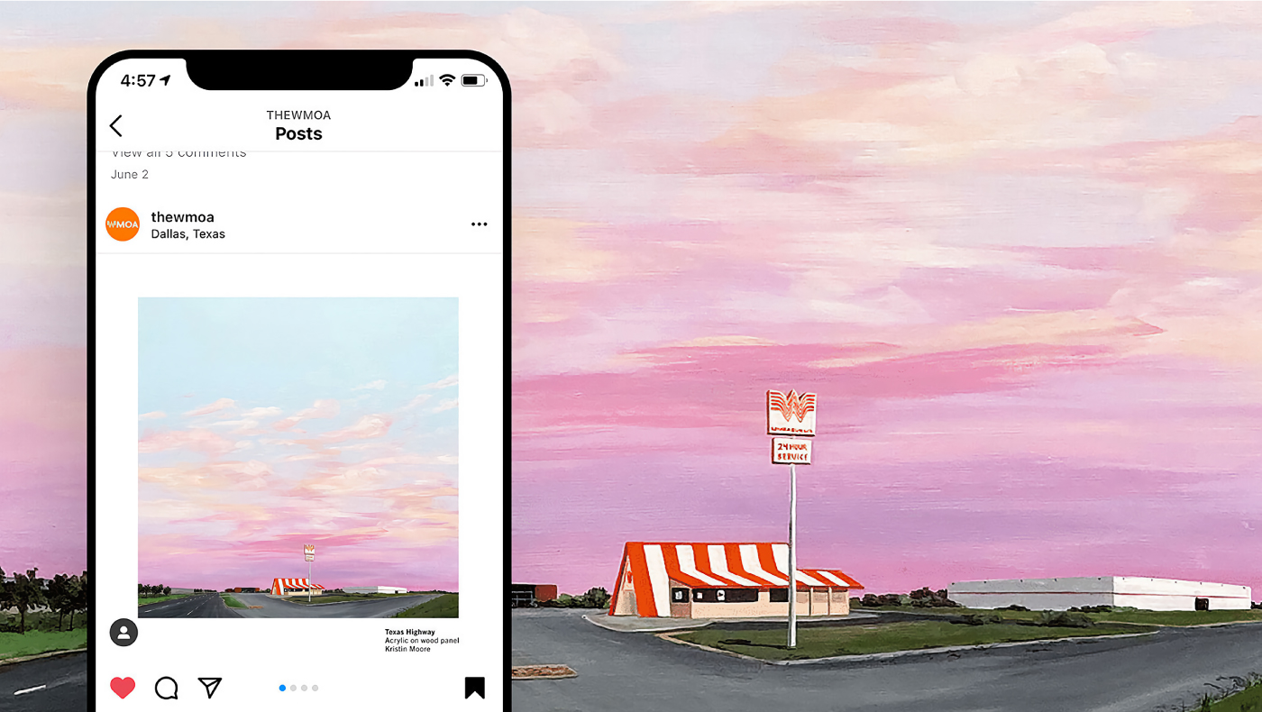 A photo of a painting and a screenshot of the Instagram post featuring the artwork in the Whataburger Museum of Art social campaign