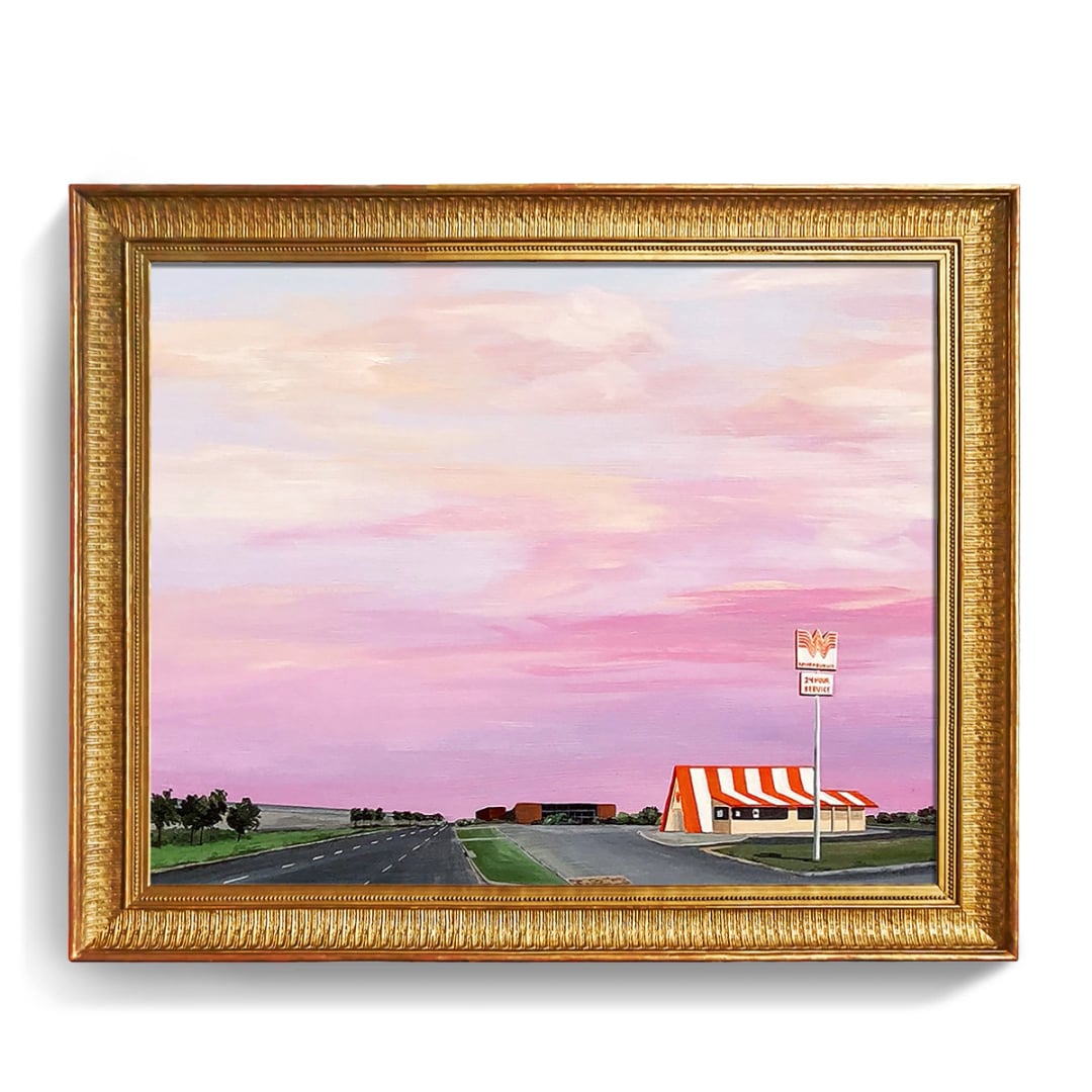 An animated video promoting the Whataburger Museum of art featuring a painting and Whataburger's orange and white stripes.