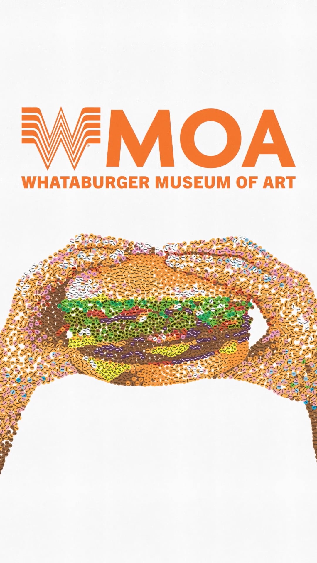 A social video in the style of Pointillism using Whataburger day dots to make artwork of hands holding a burger.