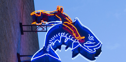 Photograph of the neon sign design on the YETI Flagship Store