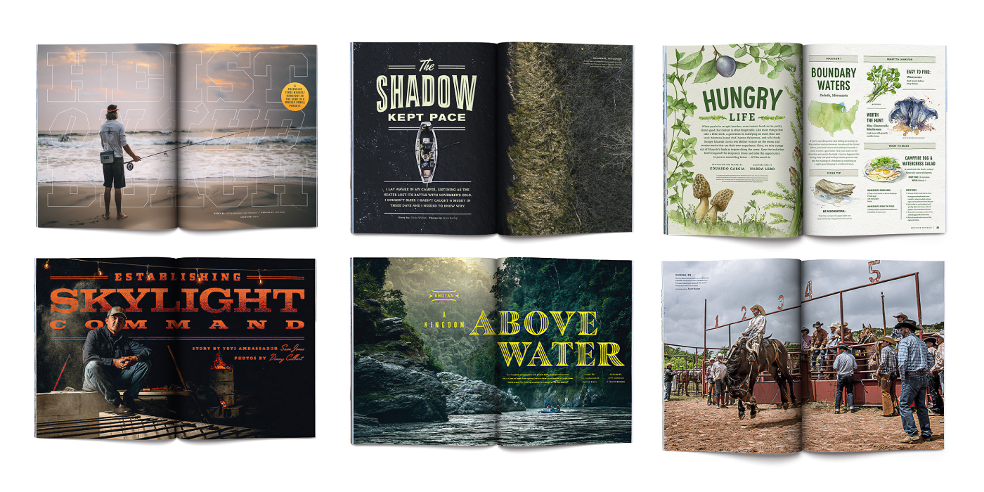 Collage of print designs in the YETI Dispatch magazine