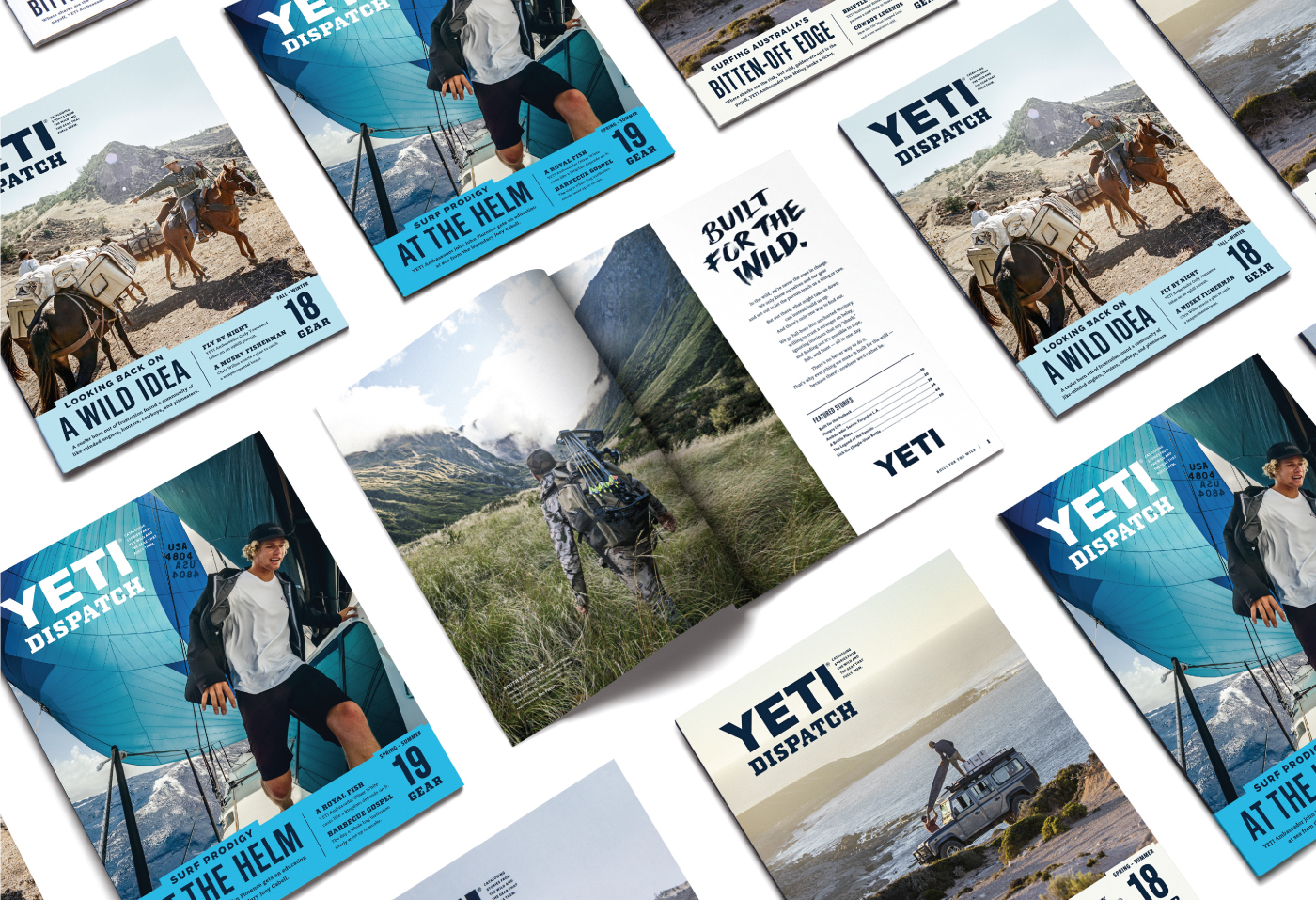 Collage of cover designs in the YETI Dispatch magazine