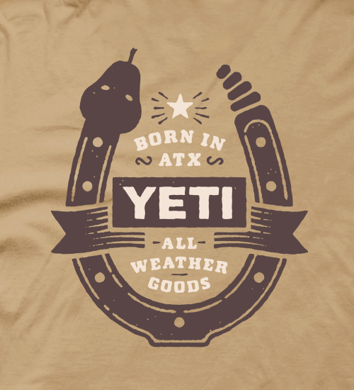 YETI t-shirt design of a snake shaped like a horseshoe that reads "Born in ATX. All Weather Goods"