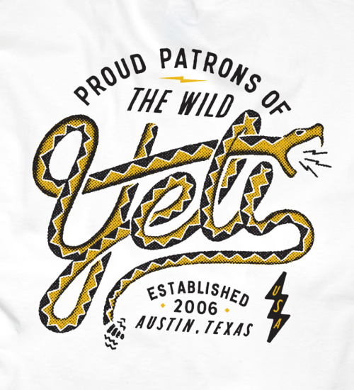 YETI t-shirt design that reads "Proud patrons of the wild. Established 2006. Austin, Texas. USA.