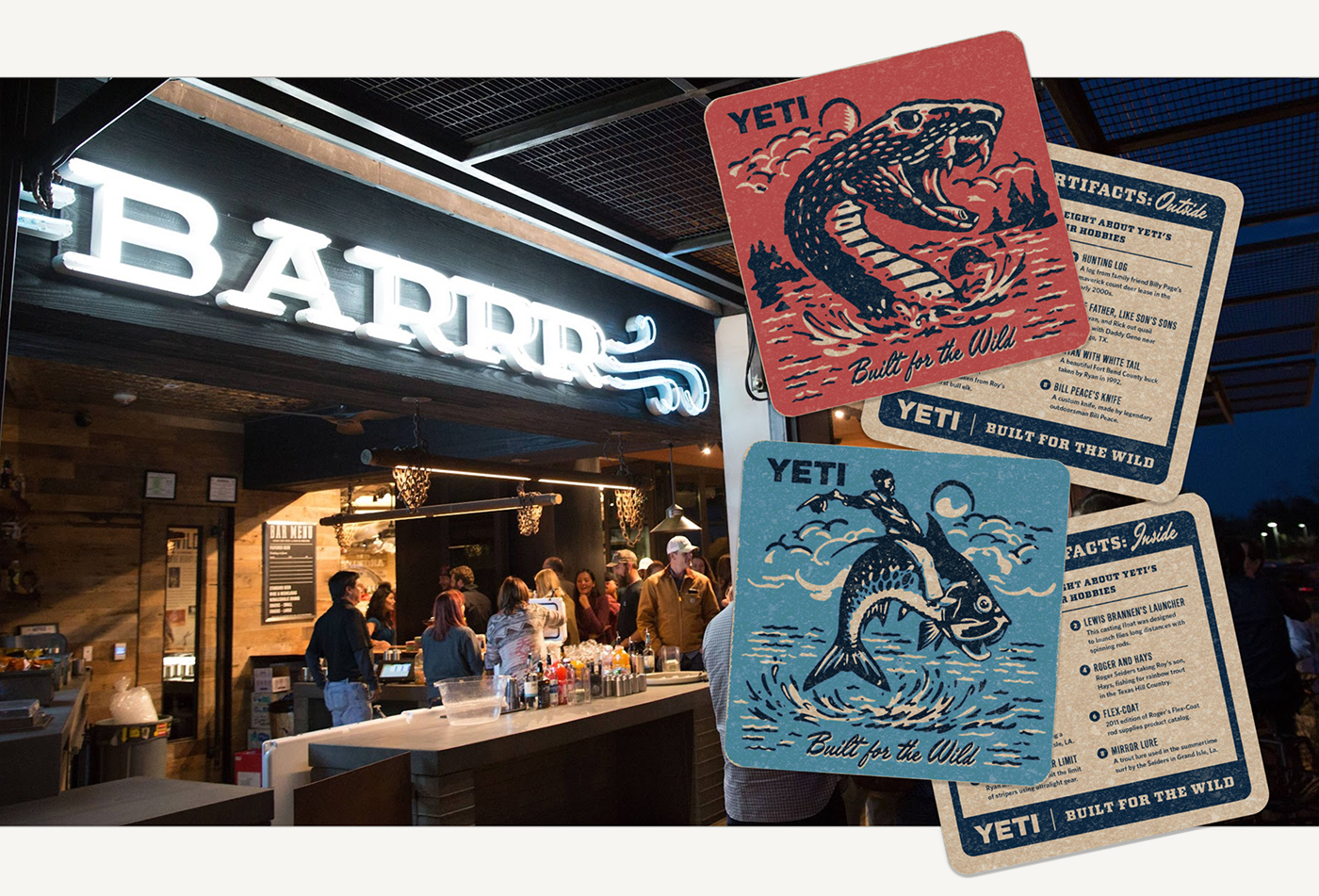 Collage photo of the YETI flagship bar sign that reads "Barrr" and detail shots of the coaster designs