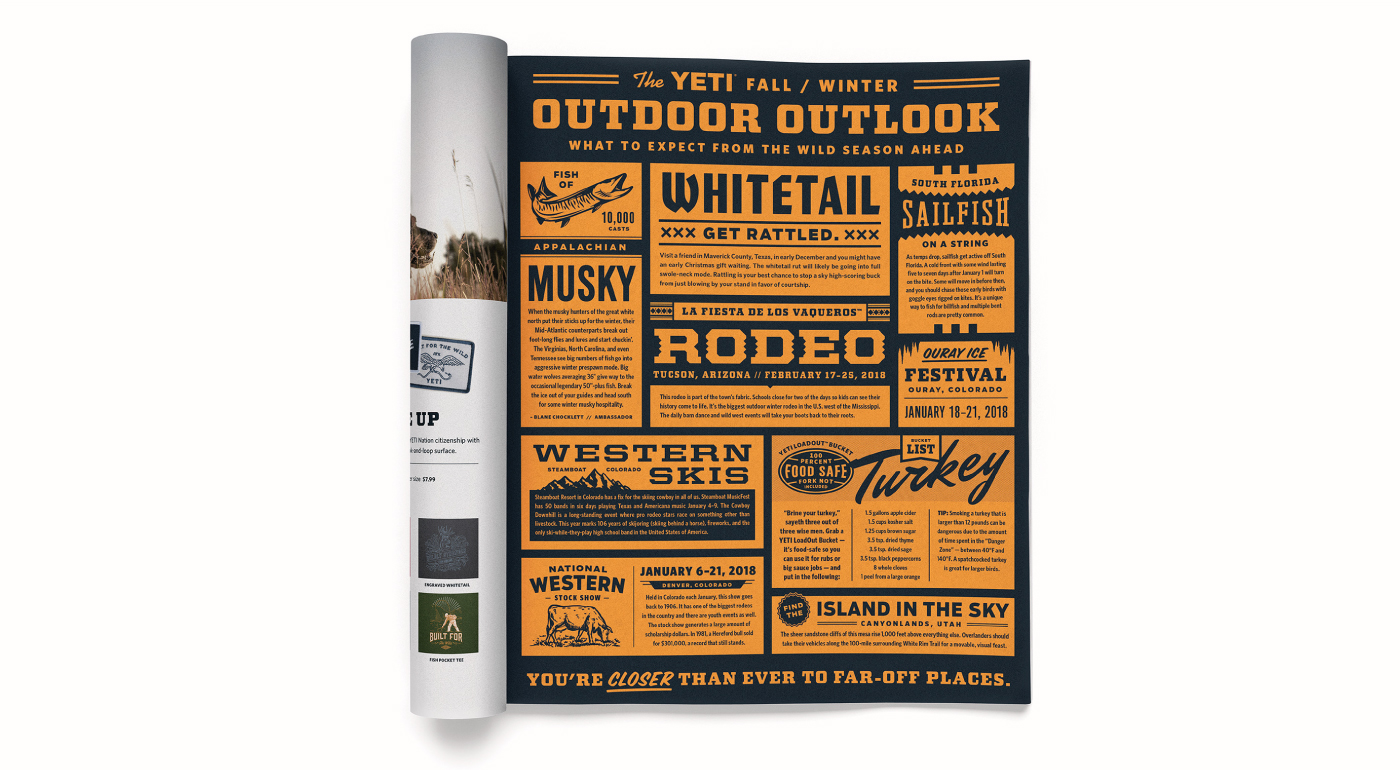 Single print design from the YETI Dispatch magazine featuring tips for the wild season