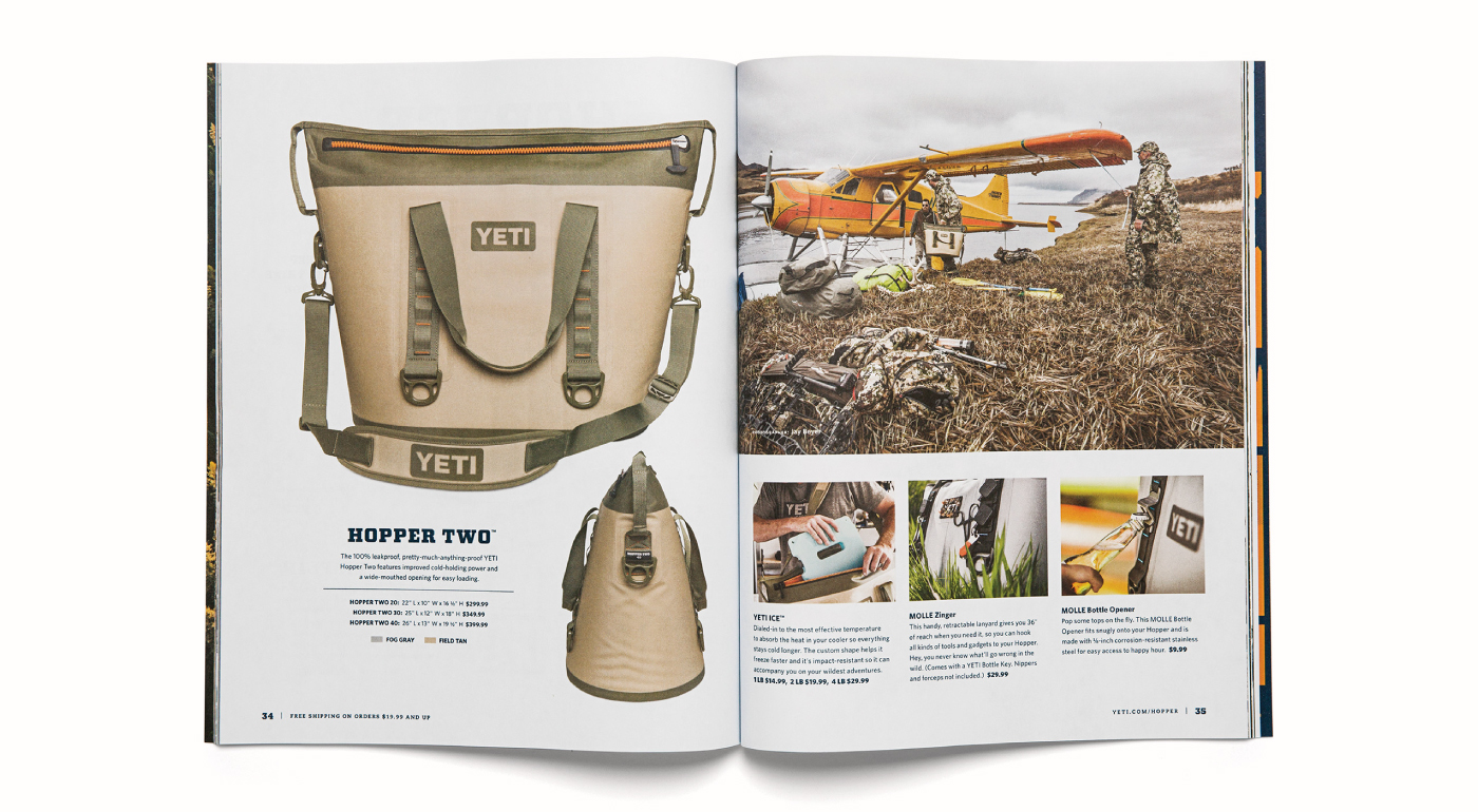 Design of a spread in the YETI Dispatch magazine featuring the Hooper Two