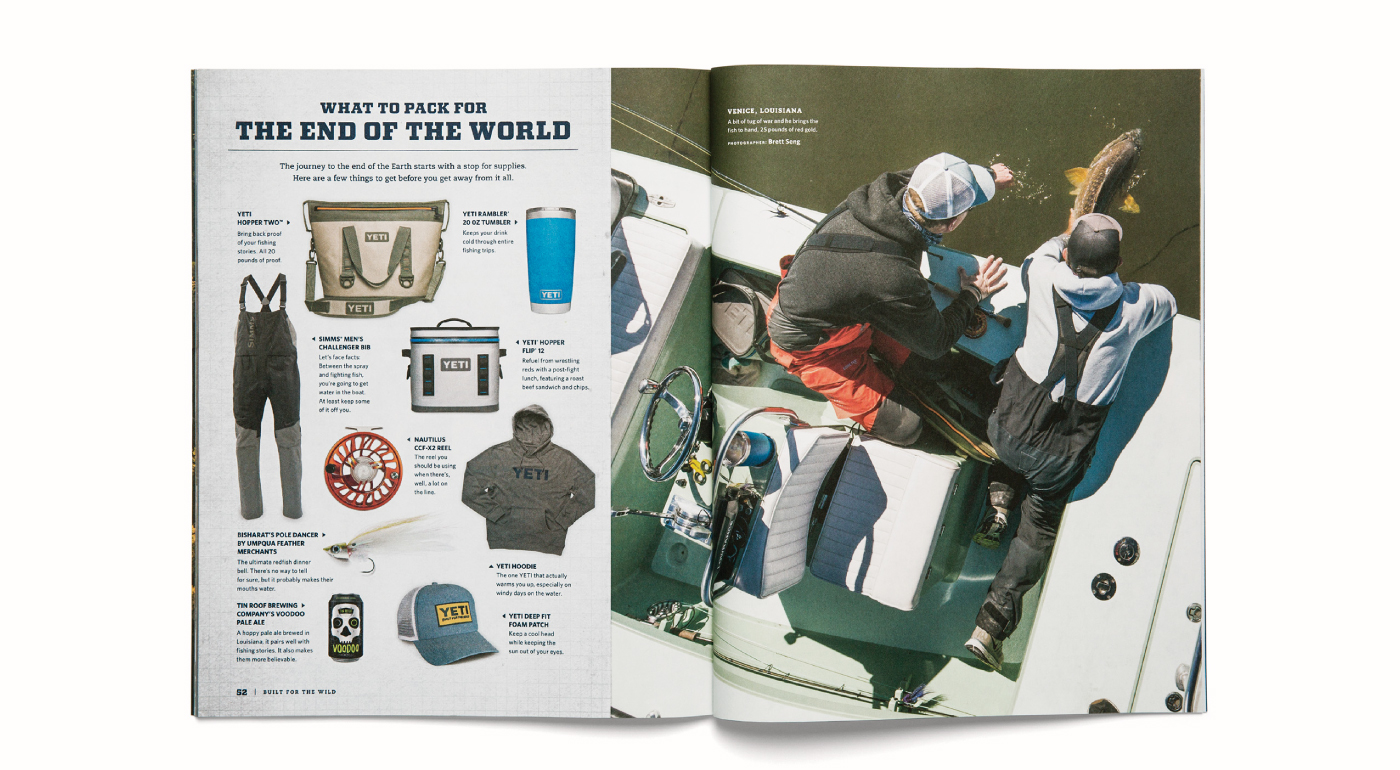 Design of a spread in the YETI Dispatch magazine featuring What to pack for the end of the world.