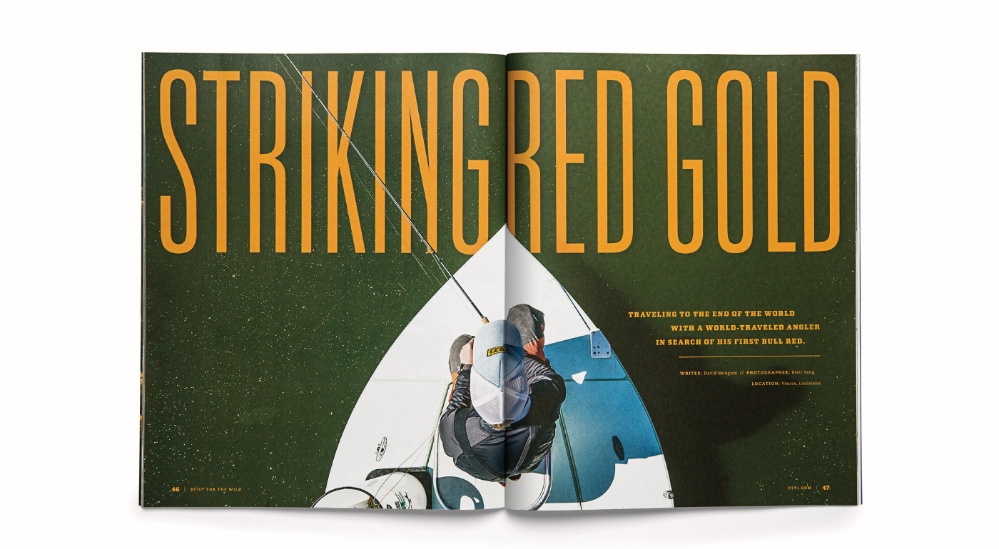 Design of a spread in the YETI Dispatch magazine featuring an overhead shot of a fisherman on a boat