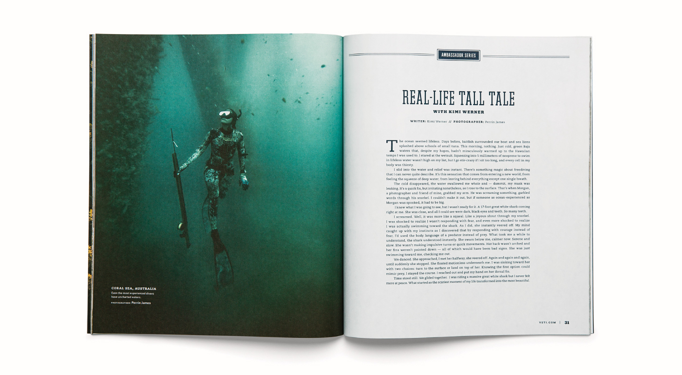 Design of a spread in the YETI Dispatch magazine featuring editorial