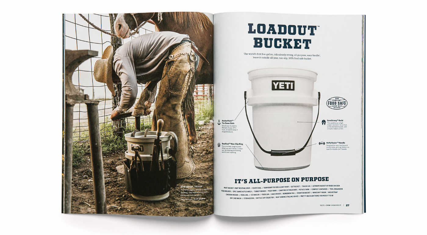 Design of a spread in the YETI Dispatch magazine featuring the Loadout Bucket