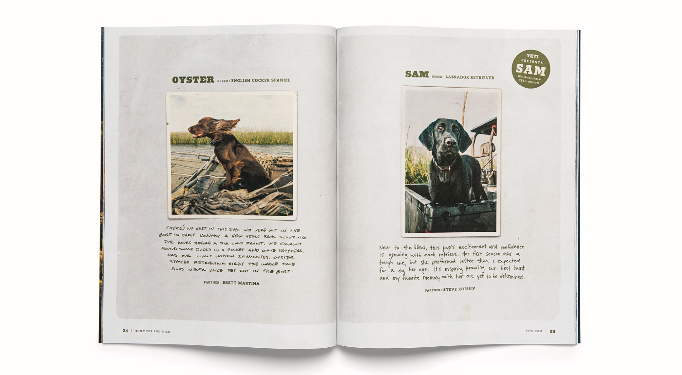 Design of a spread in the YETI Dispatch magazine featuring the dogs of YETI