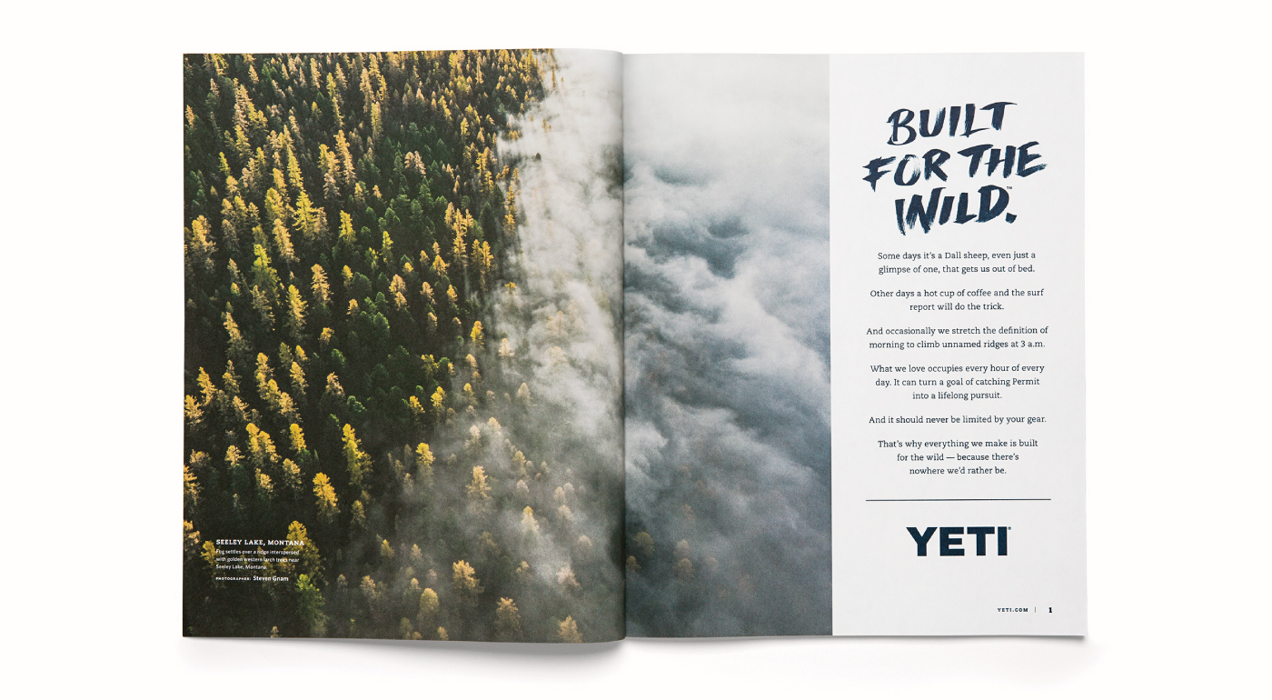 Design of a spread in the YETI Dispatch magazine featuring editorial Built for the Wild