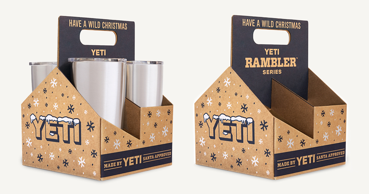 Packaging design for YETI rambler including a snow themed drink carrier